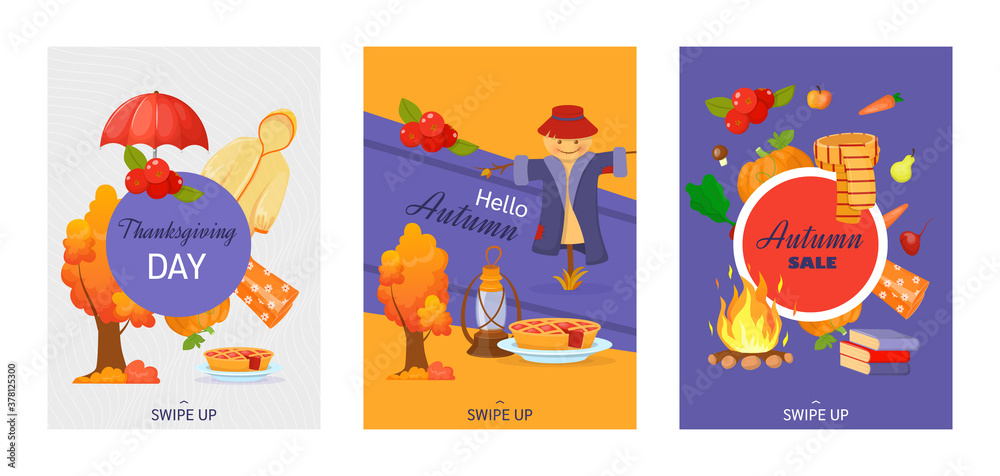 Set of autumn decorative posters for social media stories. Hello autumn, thanksgiving, autumn sale. Colorful banners, use for invitation, discount voucher, advertising, flyers. Cartoon illustration.