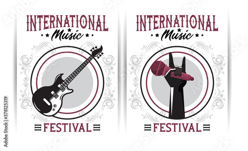 international music festival poster with electric guitar and hand lifting microphone