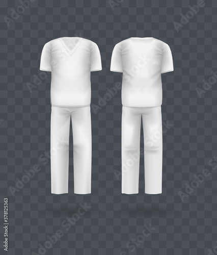 Realistic doctor coat mock up. White male medical gown, lab uniform, doctor medical laboratory clothes, hospital professional suit, on transparent background isolated vector