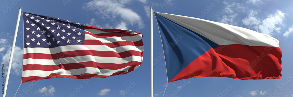 Fototapeta premium Flying flags of the USA and the Czech Republic on high flagpoles. 3d rendering