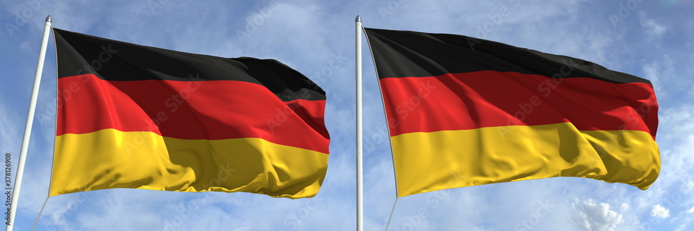 Flying flags of Germany on sky background, 3d rendering Flying flags of Germany on sky background, 3d rendering