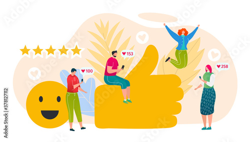Addiction to likes, social media concept, vector illustration. Global network and people addicts to internet sharing feedback in phone. Addicted to mobile communication. Chatting and share.
