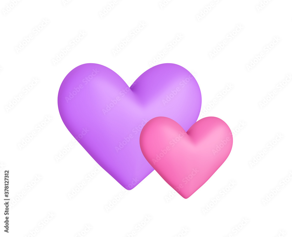 two matte soft violet and pink hearts isolated on white. 3d illustration