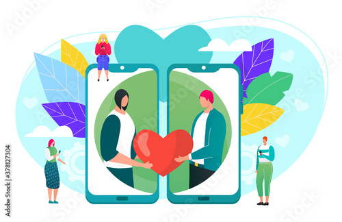 Online dating concept, social network for love vector illustration. Man and woman in app icons on mobile phone displays with heart. Chat online for romance, date couple search, engagement.
