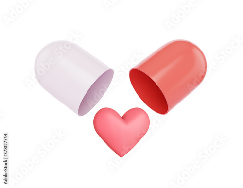 Opened capsule pill with falling red heart isolated on white background. Element design for medical pharmaceutics love concept, 3d render