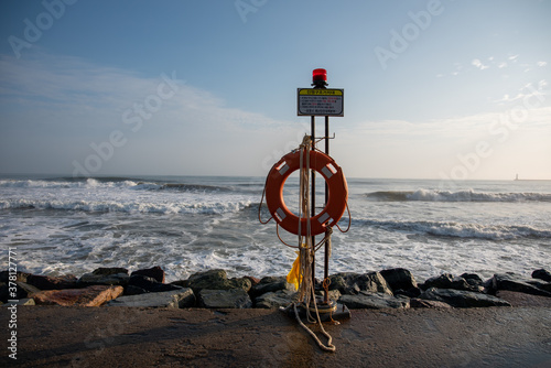 a life-saving set installed on a quiet beach in Korea.