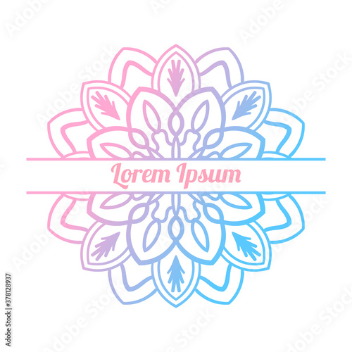 Colorful gradient floral card with blank space in the middle. Invitation template with decorative mandala. Lotus flower card, poster, flyer. Vector illustration. 