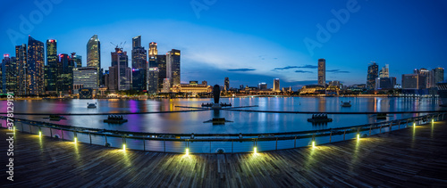 Ultra wide panorama of Cityscape of Singapore Marina bay area at dusk. photo