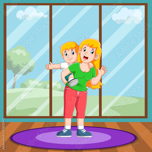 The boy is playing with his mother 
