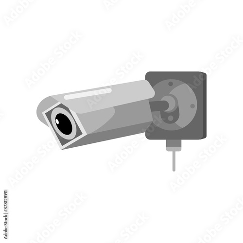 Rectangular CCTV camera on white backdrop. Equipment surveillance for protection, safety and watching in style flat design.