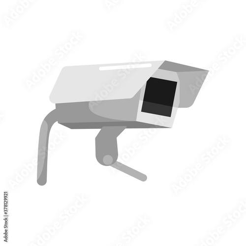Rectangular gray CCTV camera on white backdrop. Equipment surveillance for protection, safety and watching in style flat design.