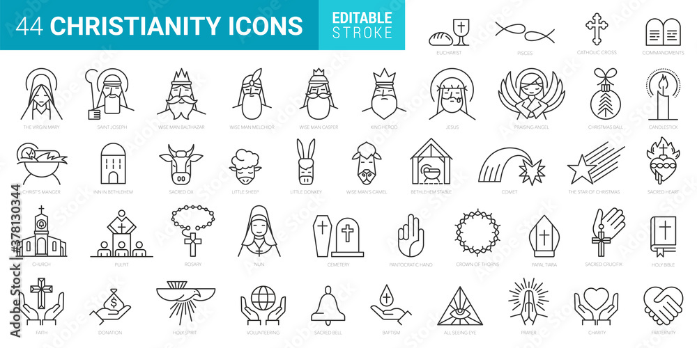 Set of 44 Minimal Christian Icons on White Background . Vector Isolated Elements