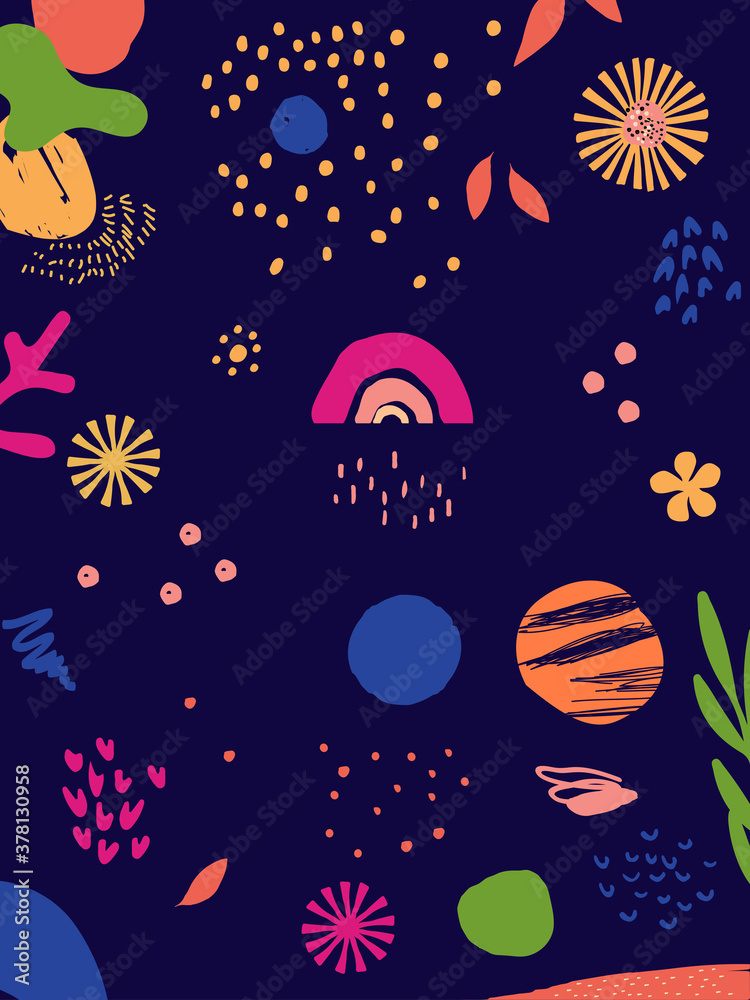 Different shapes and textures artistic vector illustration collage. Colorful abstract graphic design artwork, creative background for banner, brochure, card, invitation, flyer, placard, poster, report