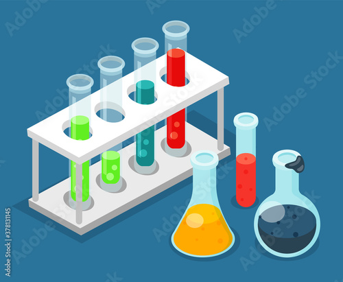 Test tubes icon on a special stand. Test-tube flasks with substances for researchers. Blood laboratory analysis of the test material. Chemical lab science, medical research laboratory