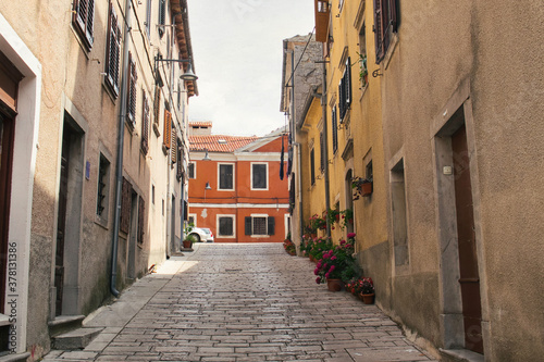 The town center with traditional historic houses  old narrow street and flower pots in the small Istrian city Buzet  Croatia