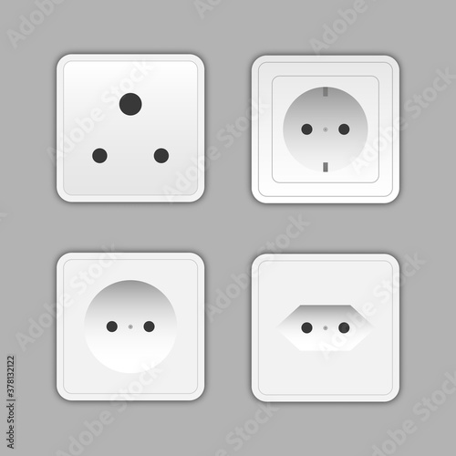Set of sockets and switches. Power electrical socket different modern round switches.  Power electrical socket electricity turn off and on plug realistic pictures.