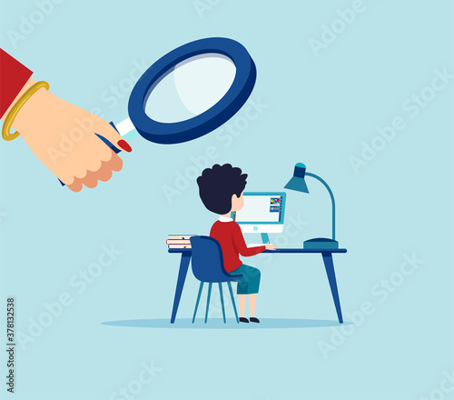Vector of a woman, a mother looking through magnifying glass at a child using computer