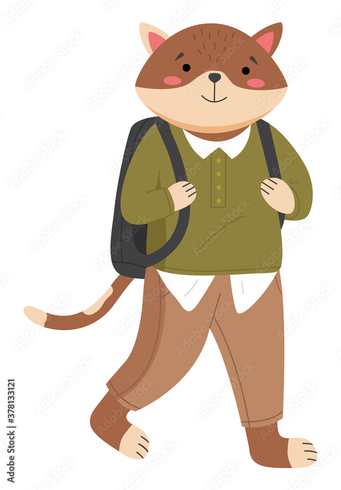 Funny cartoon animal student isolated on white background. A cat schoolboy  wearing in school uniform. Smart active pupil with a school bag on his  shoulders. Back to school, education theme Stock Vector |