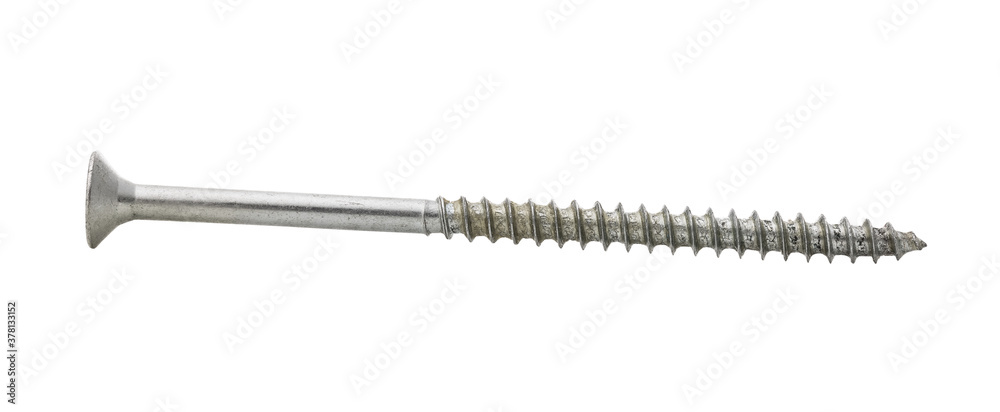 Long galvanized screw with thread isolated on white background