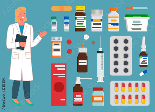 Medicine, pharmacy, hospital set of medicines in various forms. Medication, pharmaceutics concept. Nurse and medicines. Set of tablets, blister, spray, syrup, syringe, injection for sickness treatment