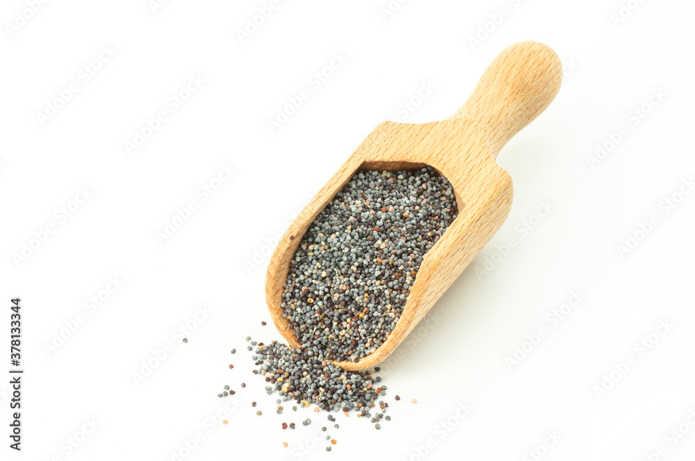 Dry poppy seeds in wooden scoop isolated on white background, clipping path Dry poppy seeds in wooden scoop isolated on white background, clipping path