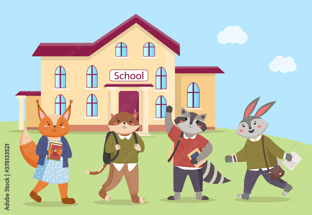 Animals students go to study. Illustration of cartoon schoolchildren near school building. Collection of funny vector schoolkids. Characters of forest inhabitants get an education, studying with books