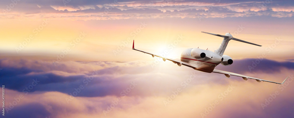 Private jetplane flying above clouds. - obrazy, fototapety, plakaty 