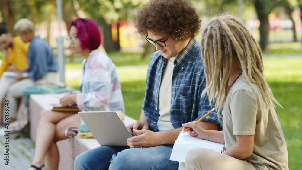 Young male student sitting with laptop and discussing project with female peer as she taking notes in notepad outdoors in park on summer day Young male student sitting with laptop and discussing project with female peer as she taking notes in notepad outdoors in park on summer day
