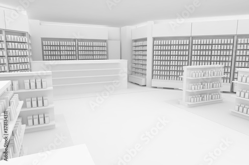 3D Illustration Rendering. Clean Pharmacy views on white backgorund for presentation and mockup blueprints. Architectural visualization of Modern interior design store.
