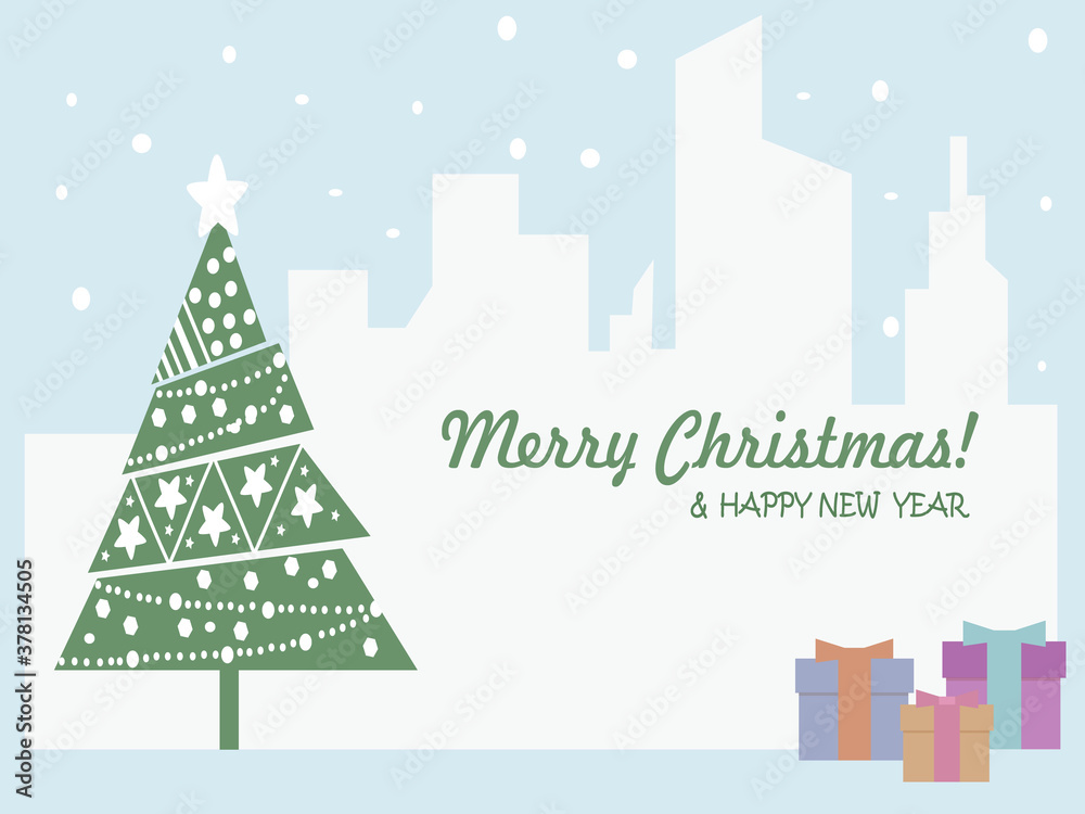 Merry Christmas and New Year. A Christmas card with a Christmas tree decorated with balls and a garland. Against the background of winter cityscape with snowflakes. Packed gifts in beautiful boxes.