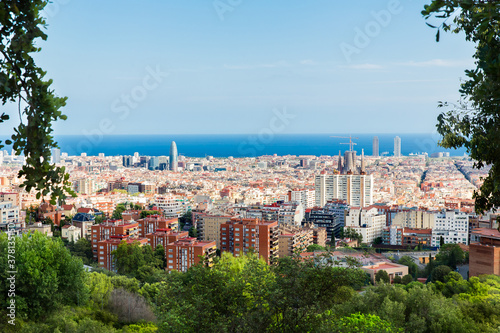 Barcelona, Catalonia, Spain, September 21, 2019. The view of Barcelona from the Park of Guell was designed by the architect Antoni Gaudi.