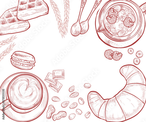 Breakfasts, top view frame, hand drawn sketch vector illustration, food menu design. Engraved style image. Traditional breakfast.