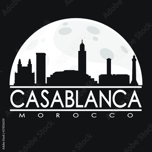 Casablanca Morocco Full Moon Night Skyline Silhouette Design City Vector Art.