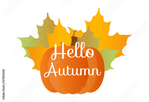 Hello Autumn quote with pumpkin and orange maple leafes