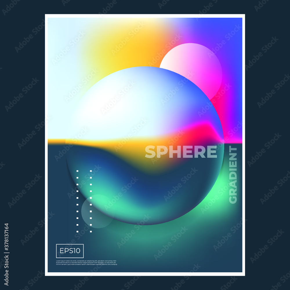 Plakat Futuristic poster for science or IT event. Vibrant abstract fluid neon holographic 3d translucent spheres on dark background in trendy style. Soft gradient tones. Vector illustration