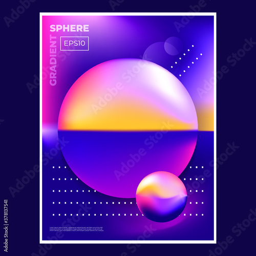 Futuristic poster for science or IT event. Vibrant abstract fluid neon holographic 3d translucent spheres on dark background in trendy style. Soft gradient tones. Vector illustration
