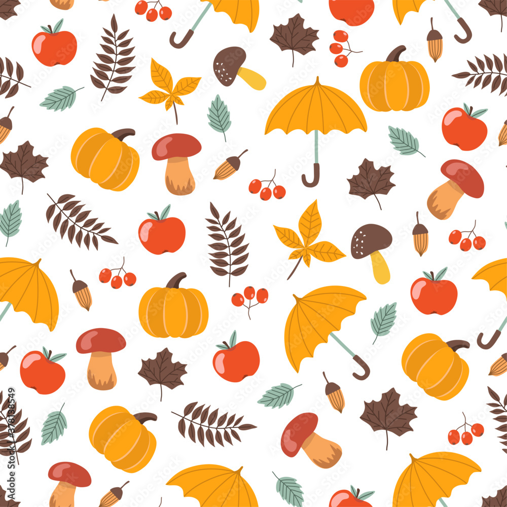 Cute vector seamless pattern. Autumn seamless pattern with red and yellow oak leaves, acorns, apples, pumpkin, mushrooms, berries. Wrapping paper or fabric.