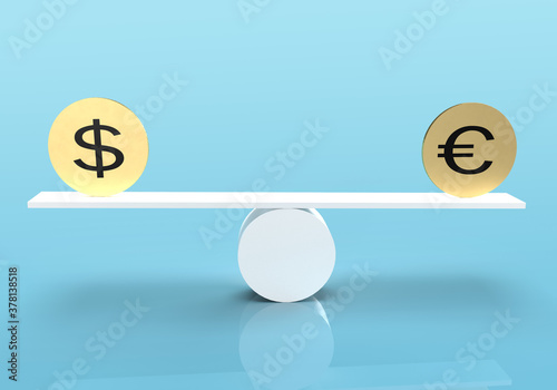 Dollar and euro gold coins on balance scale photo