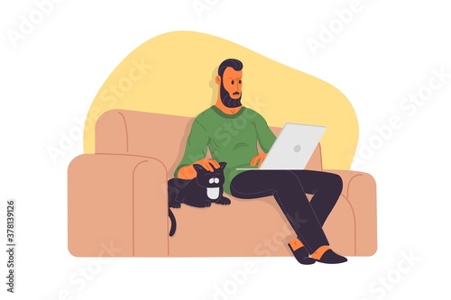 Working home, webinar, online meeting flat vector illustration. Video conferencing, teleworking, social distancing, business discussion, studying. Man with laptop sitting on the sofa with cat. © Syretshi