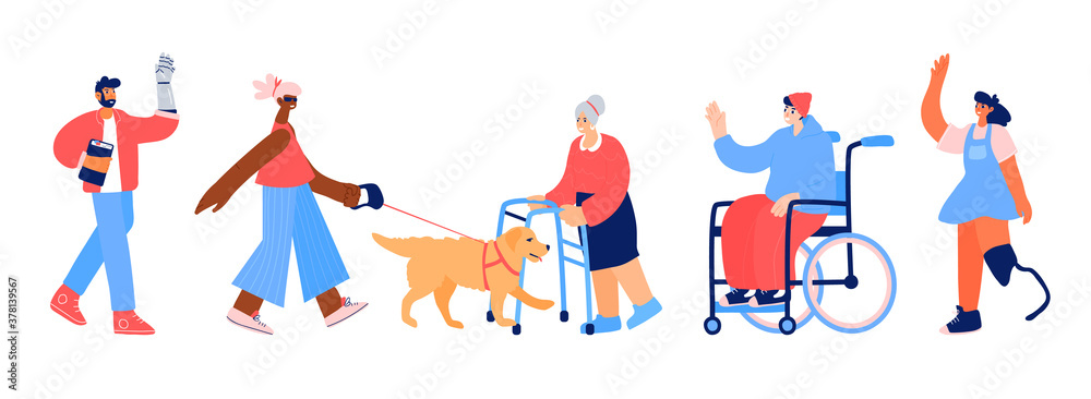 Set of characters with disabilities. People with leg and hand prothesis, young man in wheelchair, blind girl with guide-dog and old woman with walker isolated on white background.