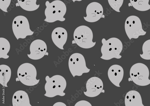 Fototapeta Naklejka Na Ścianę i Meble -  Halloween cute Ghost pattern on black background. devil evil cartoon doodle gift wrap paper design.