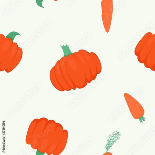 Seamless pattern with bright pumpkins and carrots on white background. For fall decoration, autumn fest invitations, fabric, kitchen textile and halloween print, gift and wrapping paper.