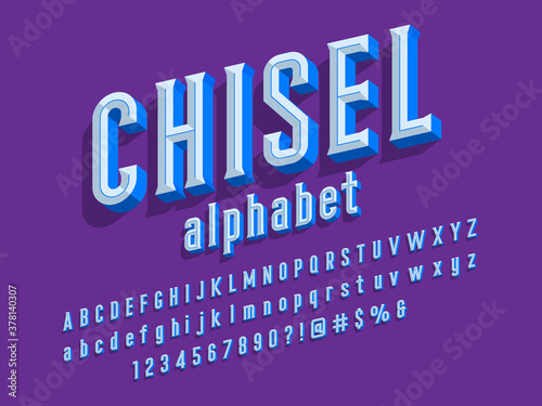Chisel style alphabet design with uppercase, lowercase, number and symbols