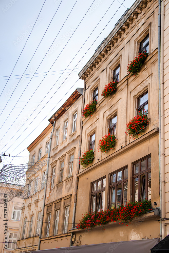 Facade of building in orange shade, as ancient view with red flowers on the street. Architecture with old windows and decoration on the street view. Old city with amazing facade, as postcard. 
