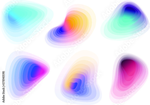 Set of colorful blended gradient shapes isolated on white background. Abstract liquid shapes. Bright smooth bubbles.  Geometric halftone colorful gradient. Vector Illustration