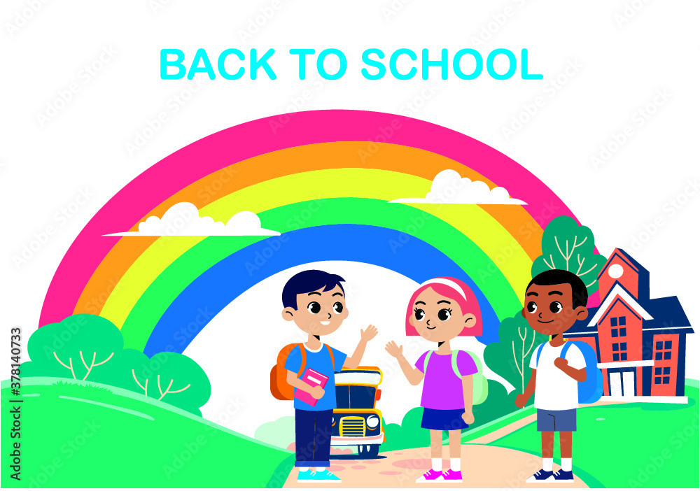 Back to school or school time banner template. Young children characters with books. Composition with notebook.  web page banner illustration.