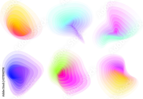 Set of colorful blended gradient shapes isolated on white background. Abstract liquid shapes. Bright smooth bubbles.  Geometric halftone colorful gradient. Vector Illustration