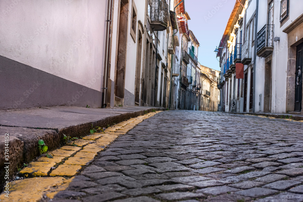 Ground Level Cobblestone Narrow European Village Street, Braga, Portugal