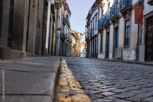 Ground Level Cobblestone Narrow European Village Street, Braga, Portugal