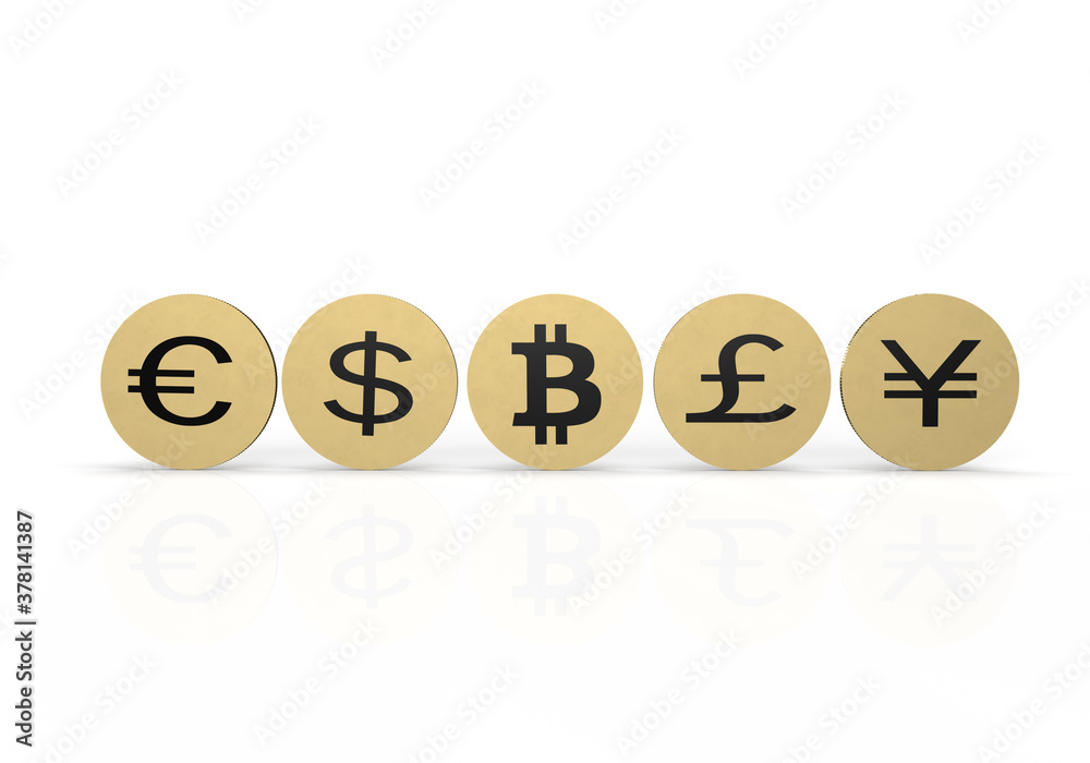 Different coins on white background. Forex concept. 3d rendering Different coins on white background. Forex concept. 3d rendering